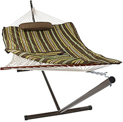 Sunnydaze Desert Stripe Cotton Rope Hammock with 12 Foot Steel Stand, Pad and Pillow