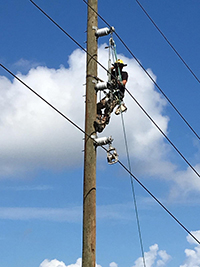 electrical power lineman cimbing a pole